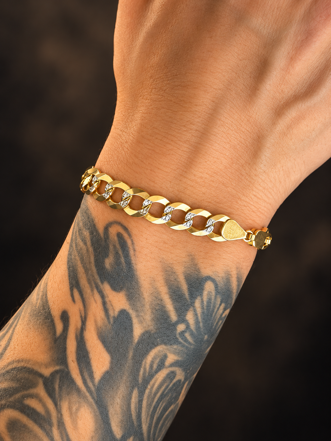 14K YELLOW TWO TONE GOLD SOLID CUBAN LINK(9.5MM) 8.0"