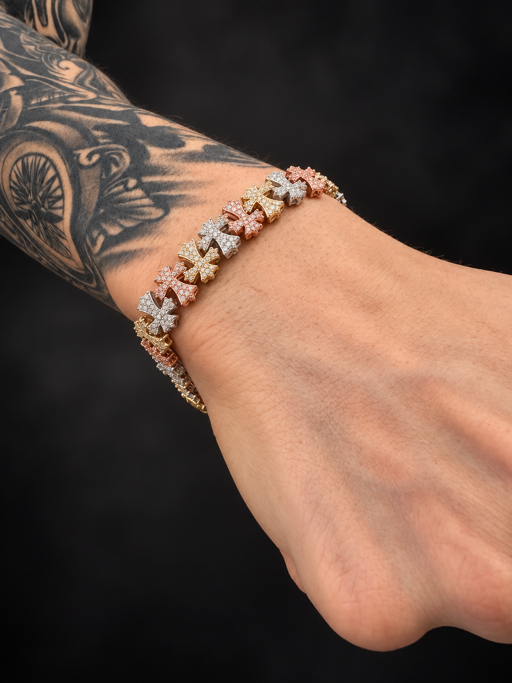 14K THREE TONE GOLD FULL CZ BRACELET(12MM) 8"